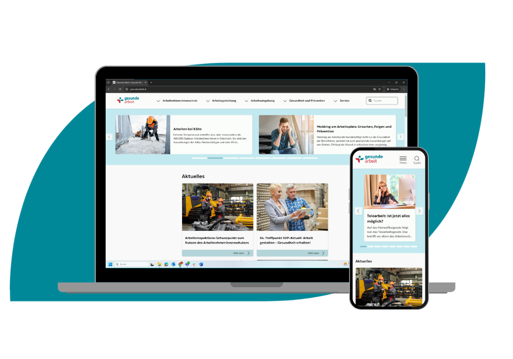 Bild von Laptop und Smartphone mit geöffneter Webseite gesundearbeit.at